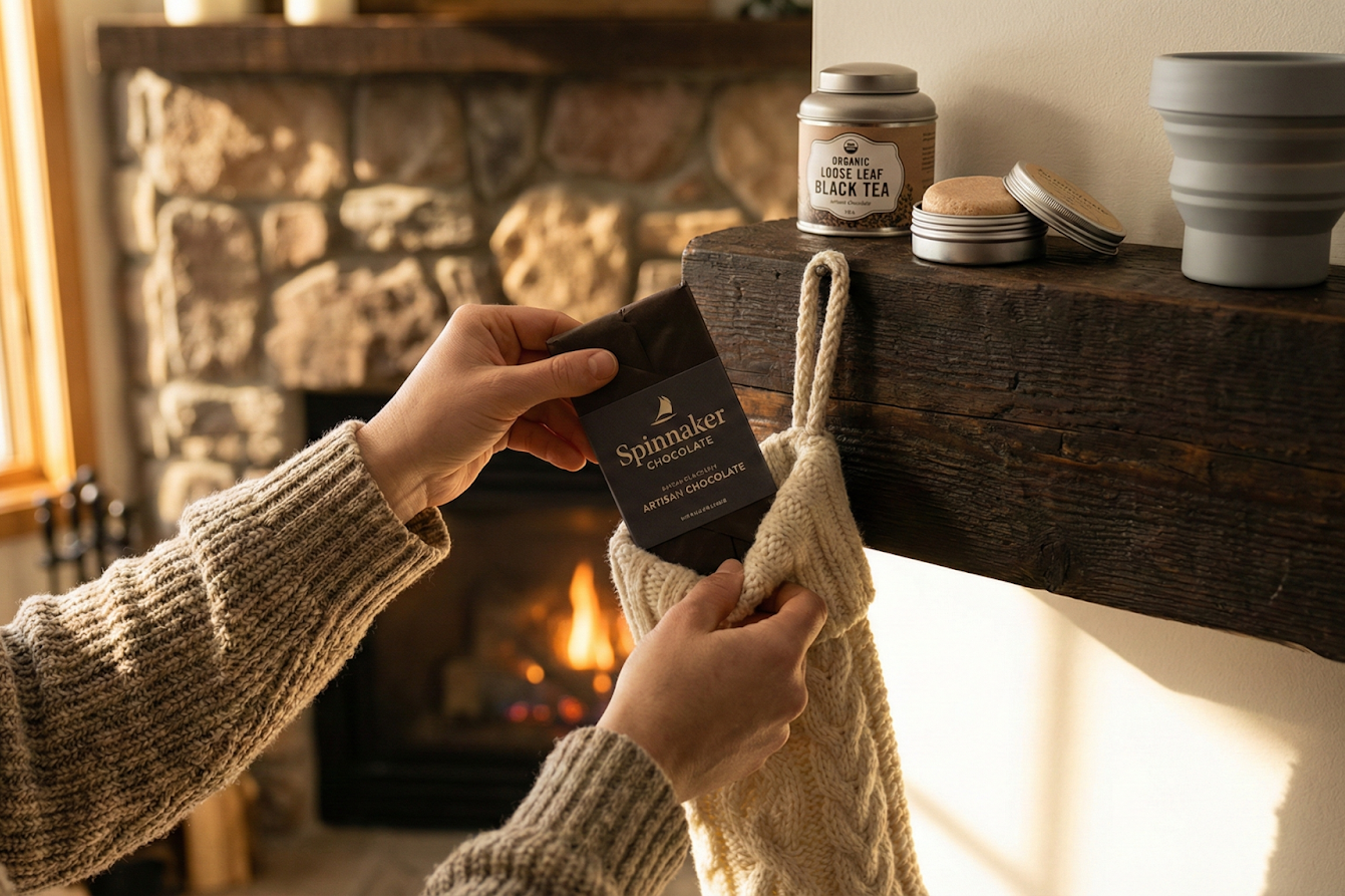 sustainable stocking stuffer gift being placed in a stocking next to a fireplace mantle in a holiday setting